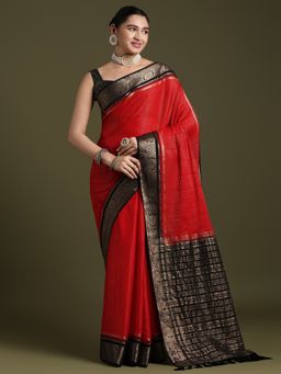 Akhilam - Women's Crepe Red Woven Designer Saree with Unstitched Blouse