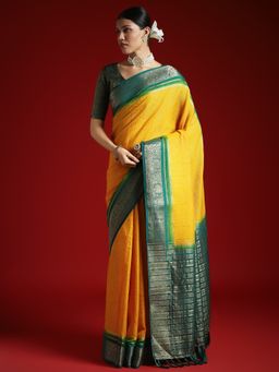 Akhilam - Women's Crepe Yellow Woven Designer Saree with Unstitched Blouse