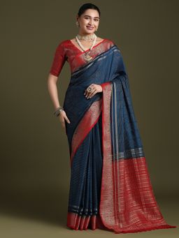 Akhilam - Women's Crepe Teal Blue Woven Designer Saree with Unstitched Blouse