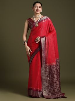 Akhilam - Women's Crepe Red Woven Designer Saree with Unstitched Blouse
