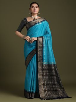 Akhilam - Women's Crepe Light Blue Woven Designer Saree with Unstitched Blouse