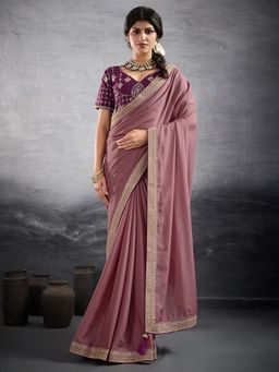 Akhilam - Women's Georgette Pink Embellished Designer Saree with Unstitched Blouse
