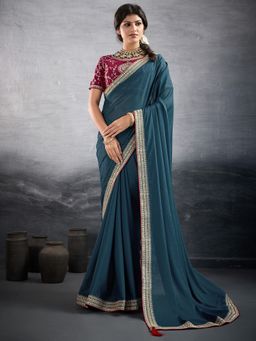 Akhilam - Women's Georgette Teal Blue Embellished Saree with Unstitched Blouse