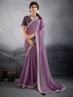 Akhilam - Women's Georgette Mauve Embellished Designer Saree with Unstitched Blouse