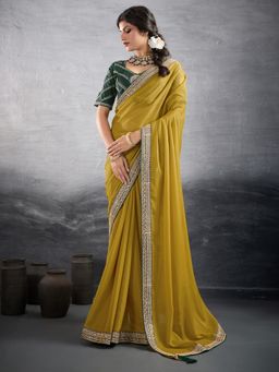 Akhilam - Women's Georgette Olive Embellished Designer Saree with Unstitched Blouse