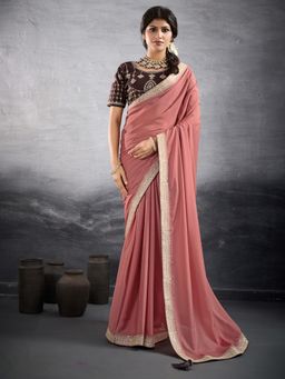 Akhilam - Women's Georgette Peach Embellished Designer Saree with Unstitched Blouse
