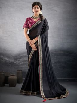 Akhilam - Women's Georgette Black Embellished Designer Saree with Unstitched Blouse
