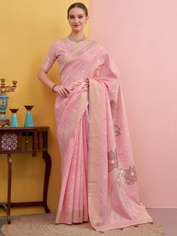 Akhilam - Women's Linen Pink Woven Designer Saree with Unstitched Blouse