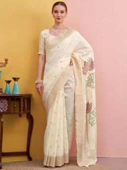 Akhilam - Women's Linen White Woven Designer Saree with Unstitched Blouse