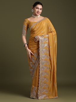Akhilam - Women's Crepe Mustard Embellished Designer Saree with Unstitched Blouse