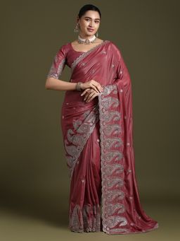 Akhilam - Women's Crepe Rose Pink Embellished Designer Saree with Unstitched Blouse