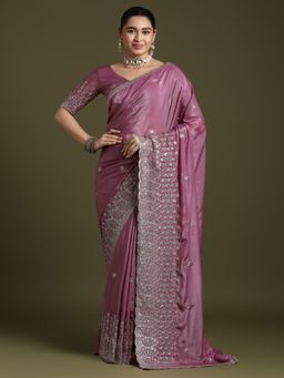 Akhilam - Women's Crepe Pink Embellished Designer Saree with Unstitched Blouse