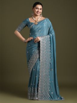 Akhilam - Women's Crepe Blue Embellished Designer Saree with Unstitched Blouse