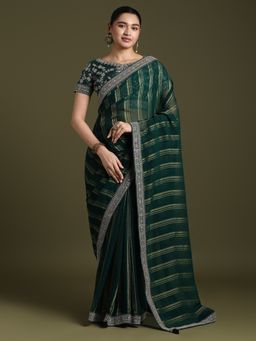 Akhilam - Women's Georgette Green Embellished Designer Saree with Unstitched Blouse