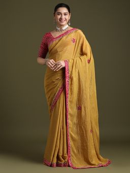 Akhilam - Women's Tissue Mustard Embellished Designer Saree with Unstitched Blouse