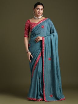 Akhilam - Women's Tissue Teal Blue Embellished Designer Saree with Unstitched Blouse