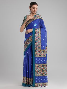 Akhilam - Women's Cotton Blue Printed Designer Saree with Unstitched Blouse