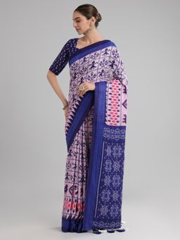 Akhilam - Women's Cotton Blue Printed Designer Saree with Unstitched Blouse