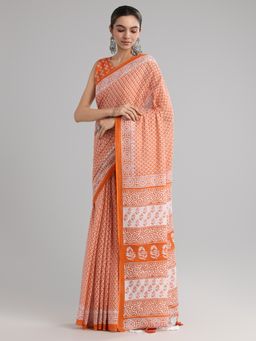 Akhilam - Women's Cotton Orange Printed Designer Saree with Unstitched Blouse