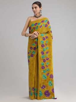 Akhilam - Women's Cotton Mustard Printed Designer Saree with Unstitched Blouse