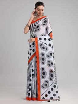 Akhilam - Women's Cotton White Printed Designer Saree with Unstitched Blouse