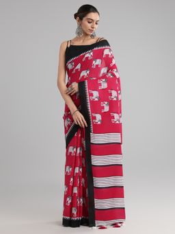 Akhilam - Women's Cotton Pink Printed Designer Saree with Unstitched Blouse
