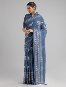 Akhilam - Women's Cotton Grey Printed Designer Saree with Unstitched Blouse