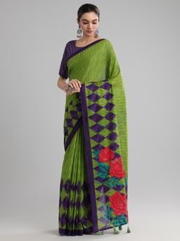 Akhilam - Women's Cotton Green Printed Designer Saree with Unstitched Blouse