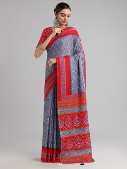 Akhilam - Women's Cotton Grey Printed Designer Saree with Unstitched Blouse