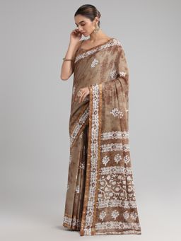Akhilam - Women's Cotton Camel Brown Printed Designer Saree with Unstitched Blouse