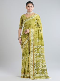 Akhilam - Women's Cotton Light Green Printed Designer Saree with Unstitched Blouse