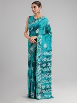 Akhilam - Women's Cotton Light Blue Printed Designer Saree with Unstitched Blouse