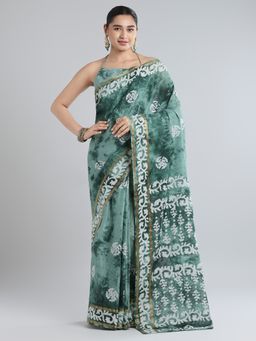 Akhilam - Women's Cotton Sea Green Printed Designer Saree with Unstitched Blouse