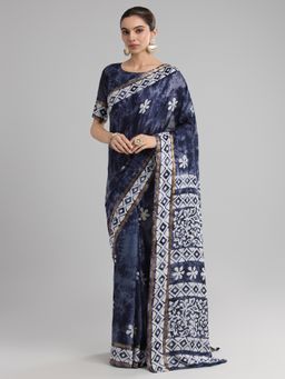 Akhilam - Women's Cotton Navy Blue Printed Designer Saree with Unstitched Blouse