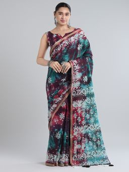 Akhilam - Women's Cotton Turquoise Printed Designer Saree with Unstitched Blouse