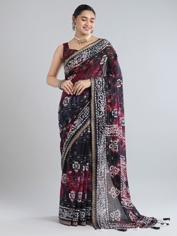 Akhilam - Women's Cotton Purple Printed Designer Saree with Unstitched Blouse