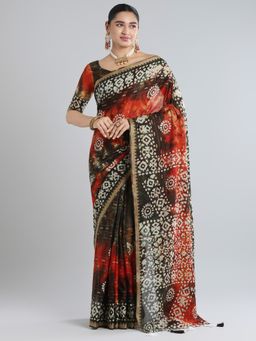 Akhilam - Women's Cotton Orange Printed Designer Saree with Unstitched Blouse