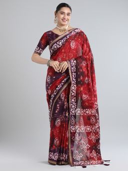 Akhilam - Women's Cotton Red Printed Designer Saree with Unstitched Blouse
