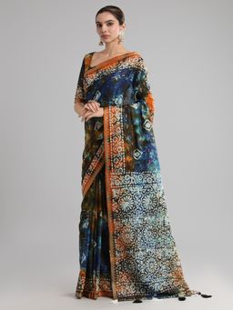 Akhilam - Women's Cotton Navy Blue Printed Designer Saree with Unstitched Blouse