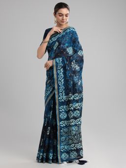Akhilam - Women's Cotton Navy Blue Printed Designer Saree with Unstitched Blouse