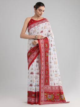 Akhilam - Women's Cotton Red Printed Designer Saree with Unstitched Blouse