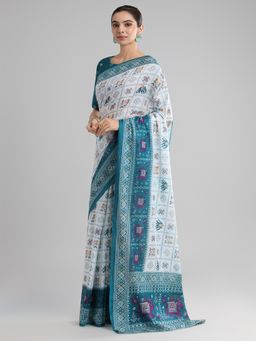 Akhilam - Women's Cotton Teal Printed Designer Saree with Unstitched Blouse