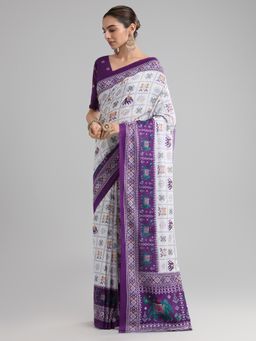 Akhilam - Women's Cotton Purple Printed Designer Saree with Unstitched Blouse