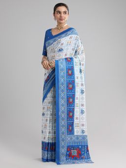Akhilam - Women's Cotton Blue Printed Designer Saree with Unstitched Blouse