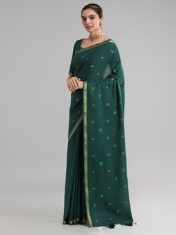 Akhilam - Women's Cotton Green Printed Designer Saree with Unstitched Blouse