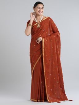 Akhilam - Women's Cotton Brown Printed Designer Saree with Unstitched Blouse