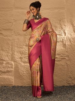 Akhilam - Women's Silk Blend Beige Digital Print Designer Saree with Unstitched Blouse