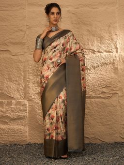 Akhilam - Women's Silk Blend Beige Digital Print Designer Saree with Unstitched Blouse