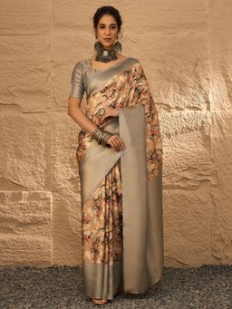 Akhilam - Women's Silk Blend Beige Digital Print Designer Saree with Unstitched Blouse