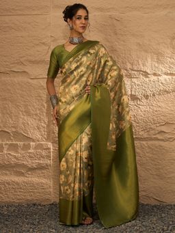 Akhilam - Women's Silk Blend Olive Digital Print Designer Saree with Unstitched Blouse
